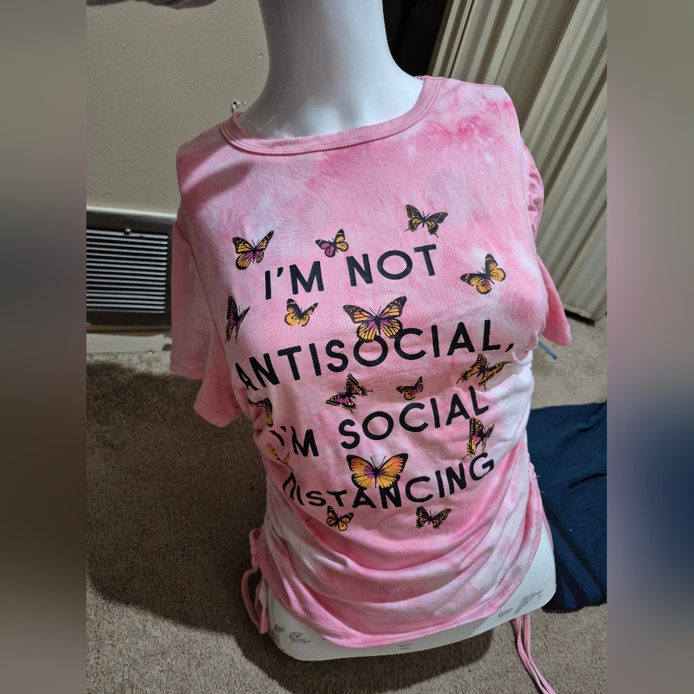 Pink Graphic Tee with Butterfly Print